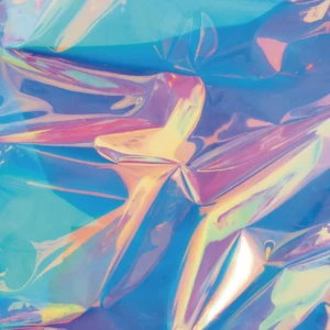 Crinkled textures reflecting pastel light gradients, inspired by holographic film and reflective sports materials.