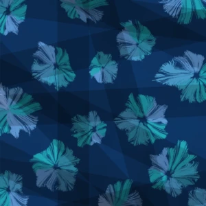 Soft blue floral strokes drift over a geometric navy base, evoking underwater tranquility and focus.