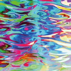 A fluid mix of vivid colors simulates shifting reflections on water, representing creativity and vitality.