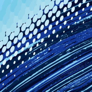 Layered blues and dotted gradients express the rush and flow of movement through water and air.