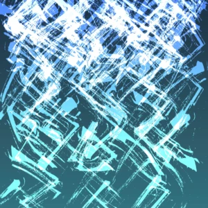Overlapping abstract strokes evoke frozen motion and electric energy in cool blue tones.
