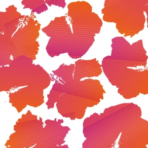 Vivid hibiscus silhouettes in pink-orange gradients radiate warmth and confidence, blending sport and resort style.